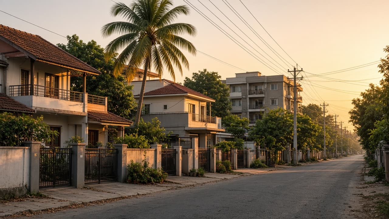 Residential street in Bengaluru with independent houses and service wires