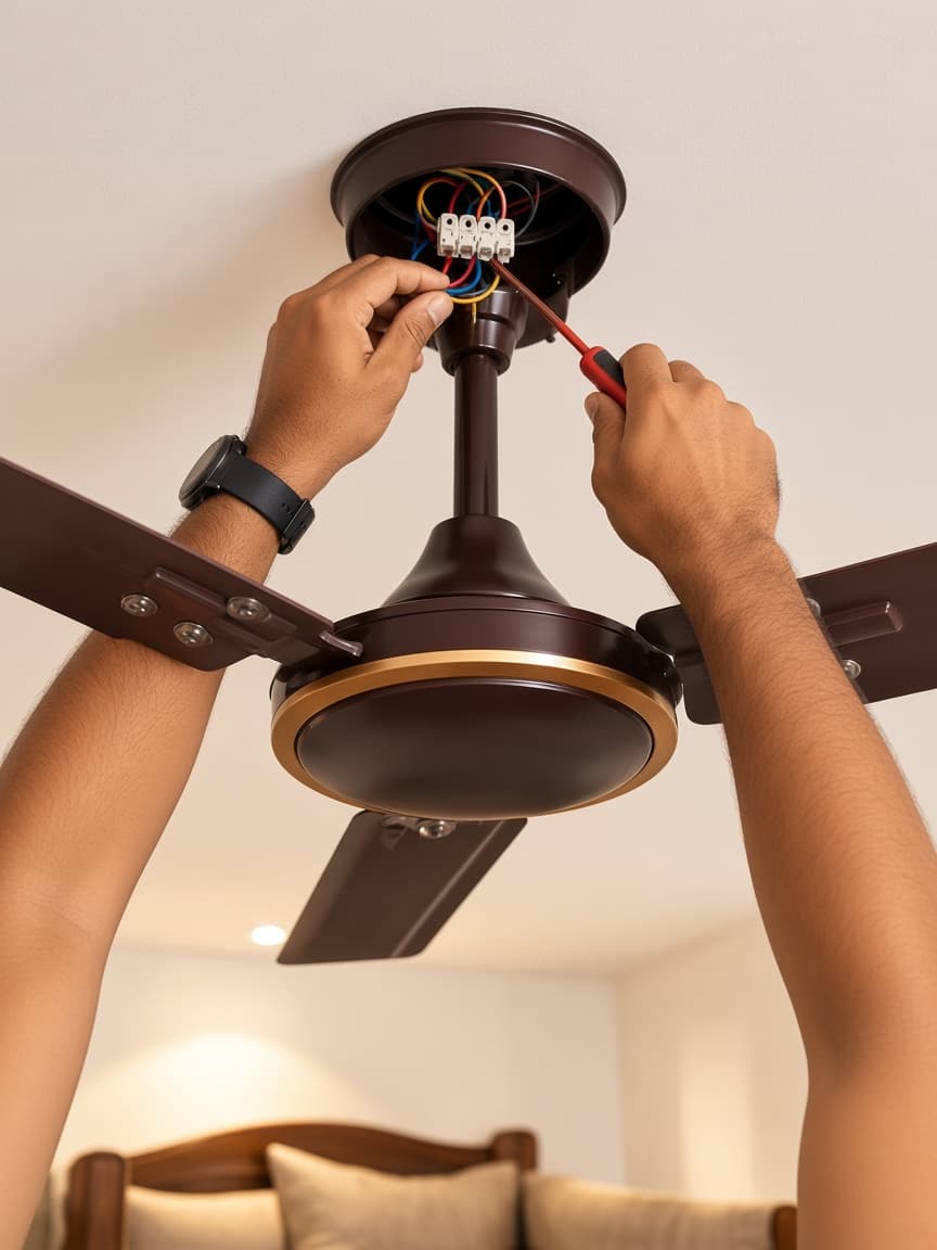 Ceiling fan being wired at the ceiling rose in a Bengaluru living room