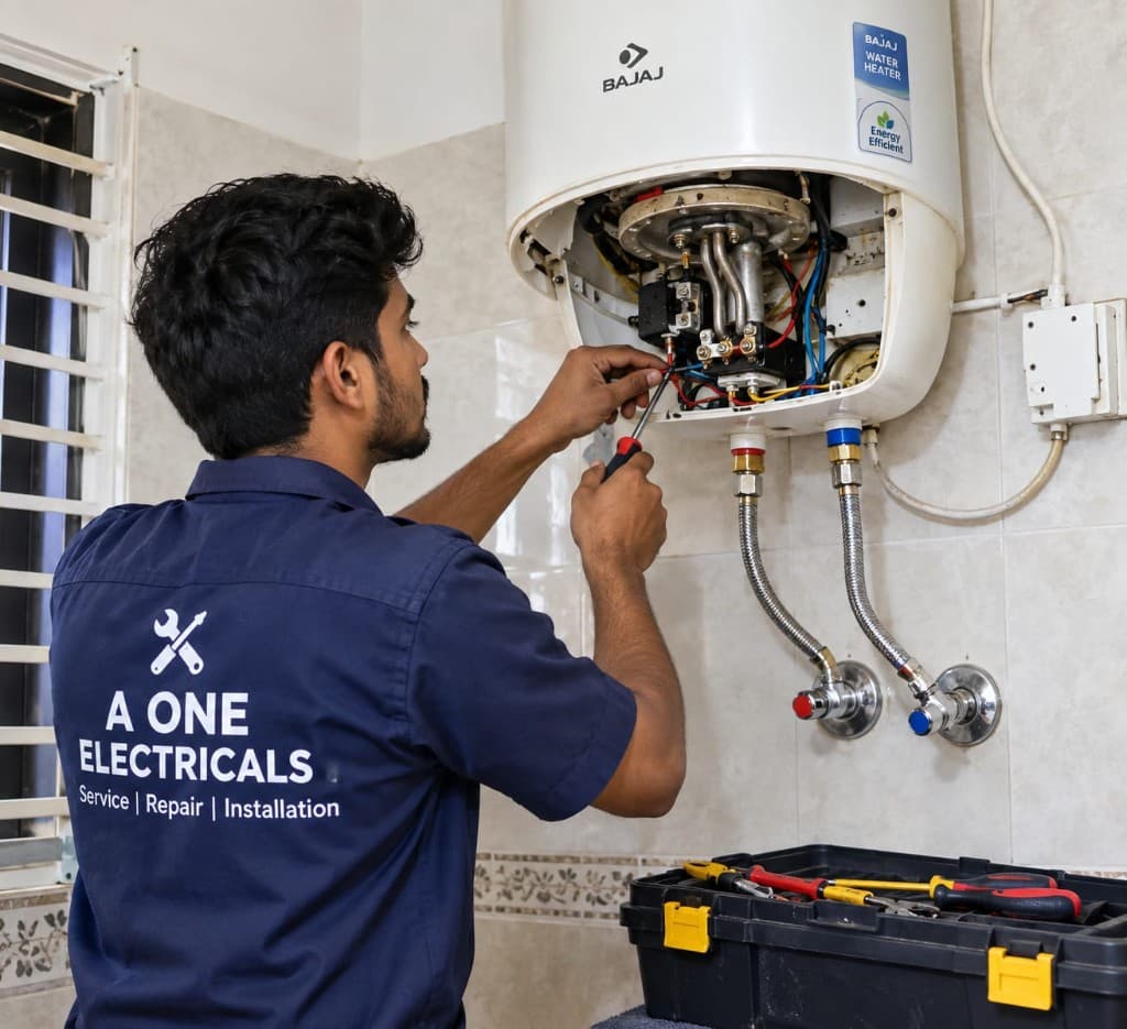 A One Electricals technician repairing an opened storage geyser on a bathroom wall