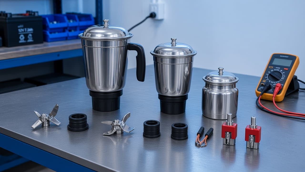 Mixer spare jars, blades, and couplings in a row at the shop