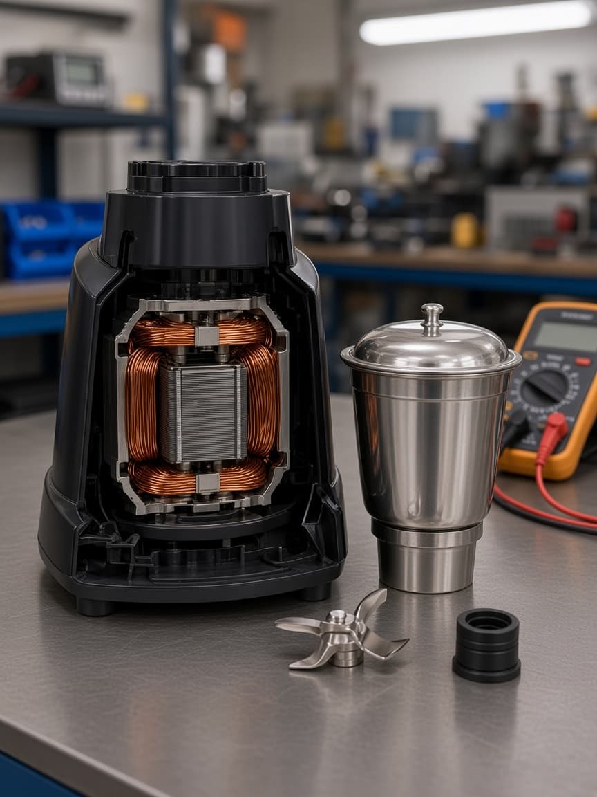 Mixer grinder body opened to show the copper motor winding, with a jar, blade, and coupler