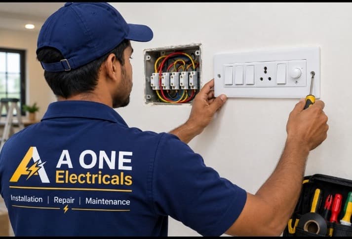 Electrician fitting a modular switchboard on a house wall