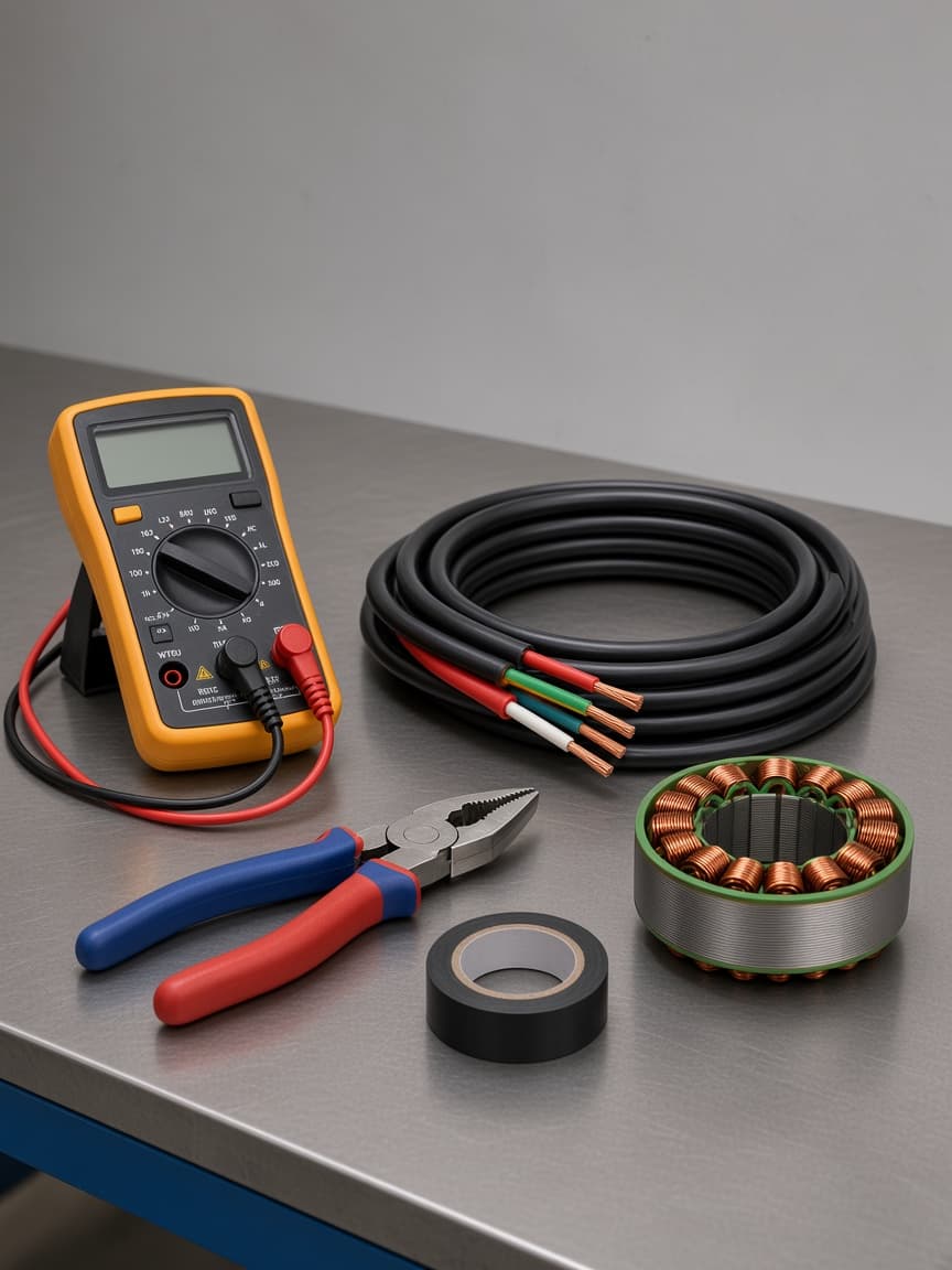 Shop table with a meter, cable, and an open fan motor